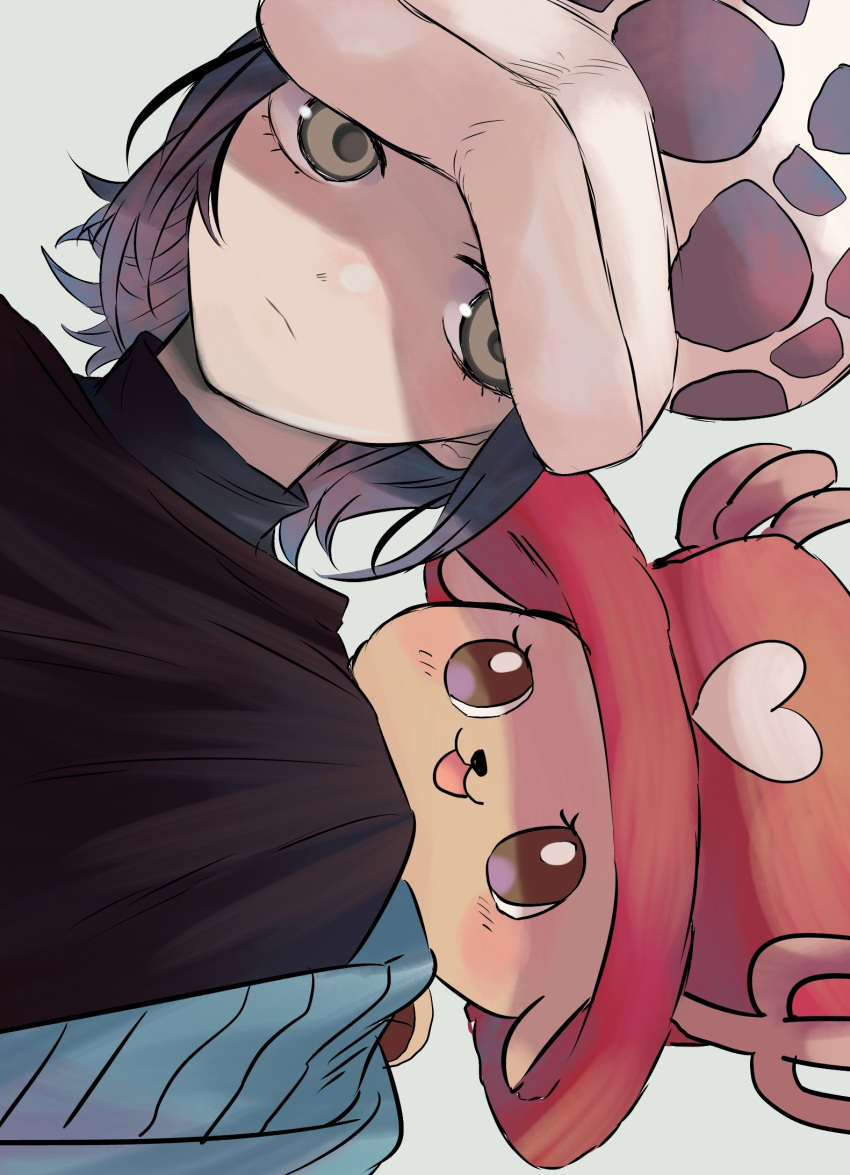 alternate_costume, alternate_hairstyle, animal_ears, black_hair, black_shirt, blush, brown_eyes, chacoma