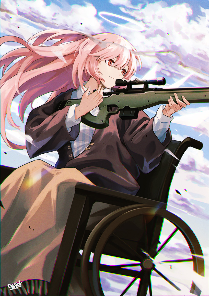 1girl, arknights, black_jacket, blanket, closed_mouth, day, detached_wings, energy_wings, floating_hair, gun, halo, holding, holding_gun, holding_weapon, jacket, lemuen_(arknights), long_hair, long_sleeves, looking_away, looking_to_the_side, open_clothes, open_jacket, outdoors, peppsi_(saba_sabasuk0), pink_hair, red_eyes, rifle, shirt, signature, sitting, smile, sniper_rifle, solo, striped, striped_shirt, vertical-striped_shirt, vertical_stripes, very_long_hair, weapon, wheelchair, wind, wings