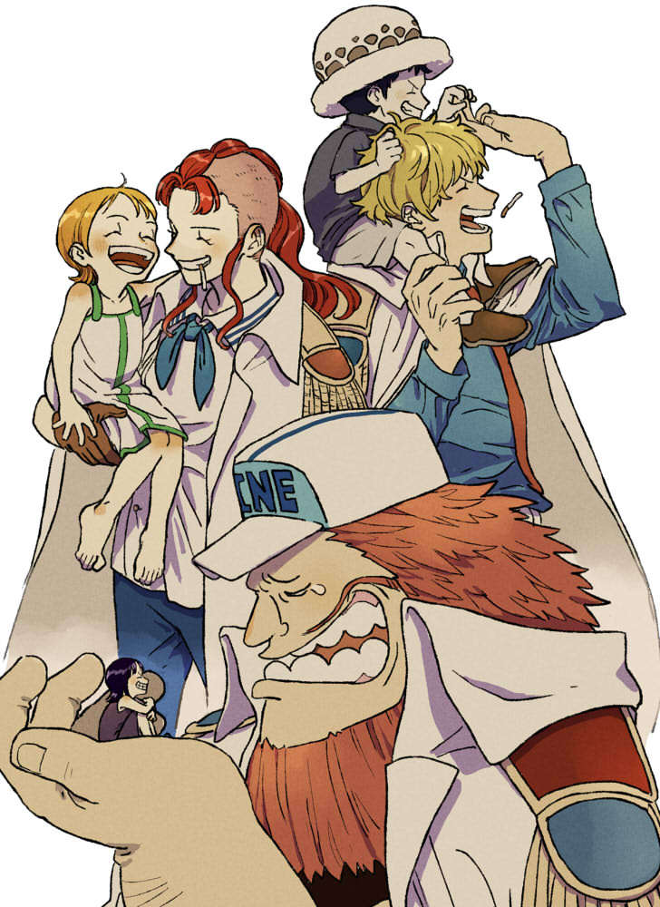 ^_^, bellemere, blonde_hair, blue_neckerchief, blue_shirt, carrying, child, chizuko_(chiduk0), cigarette, closed_eyes, coat, coat_on_shoulders, donquixote_rocinante, dress, epaulettes, facial_hair, female_child, giant, grin, hat, holding_baby, jaguar_d_saul, laughing, long_sleeves, male_child, nami_(one_piece), neckerchief, nico_robin, one_piece, orange_hair, piggyback, redhead, shirt, short_hair, short_sleeves, sleeveless, sleeveless_dress, smile, trafalgar_law, white_background, white_shirt