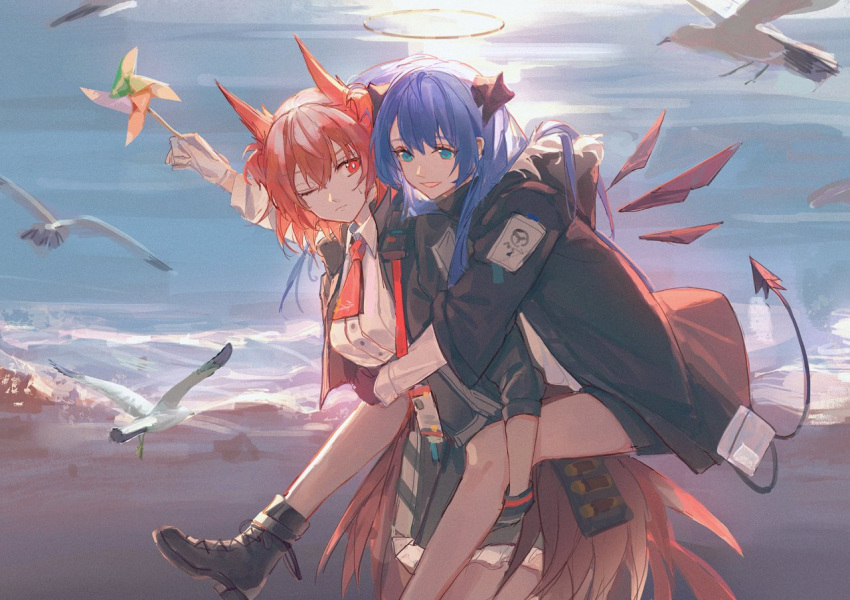 2girls, :d, ;(, ankle_boots, aqua_eyes, arknights, bare_legs, beach