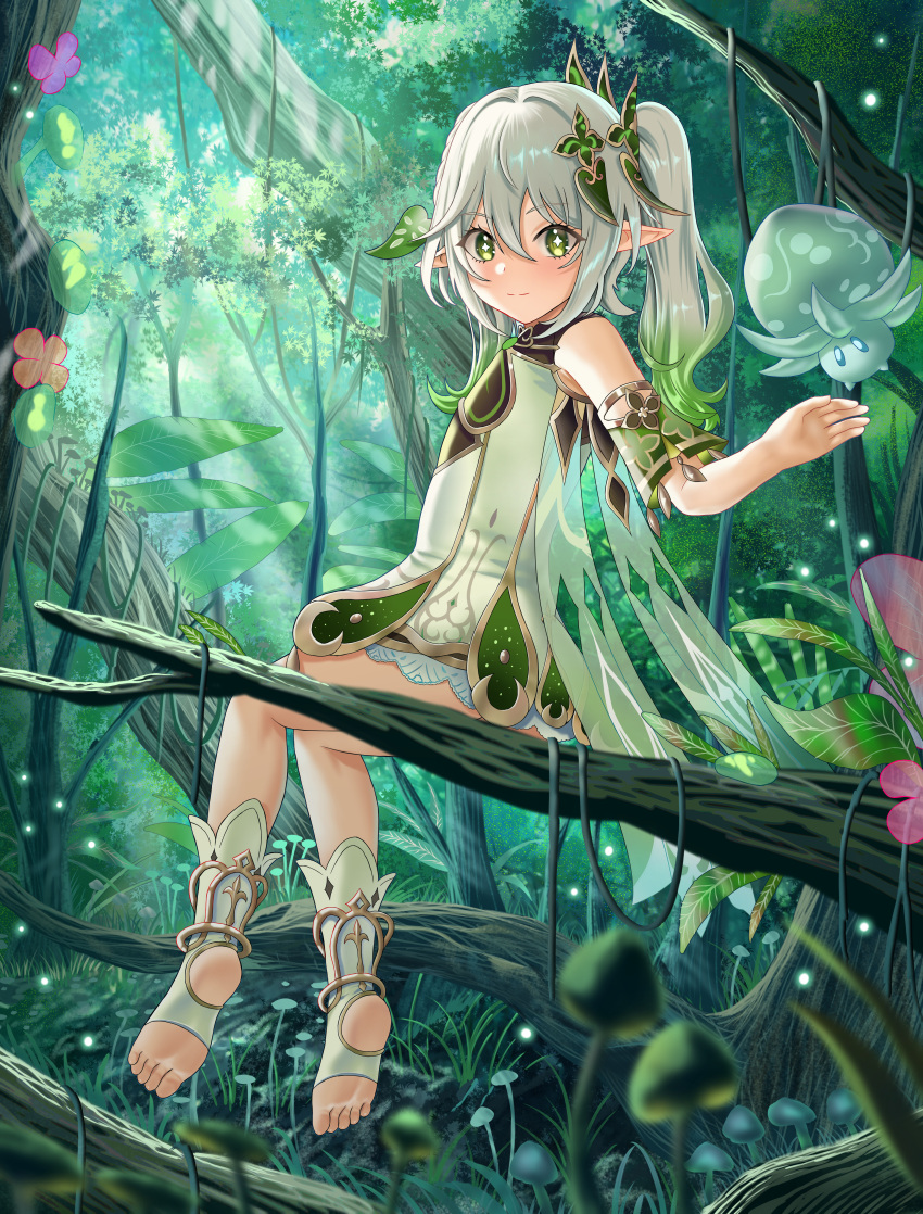 1girl, absurdres, bangs, bare_shoulders, barefoot, bloomers, blush, buko_(bukosuki), cape, cross-shaped_pupils, detached_sleeves, dress, feet, female_child, genshin_impact, gradient_hair, green_cape, green_eyes, green_hair, green_sleeves, hair_between_eyes, hair_ornament, highres, jewelry, leaf_hair_ornament, long_hair, looking_at_viewer, multicolored_hair, nahida_(genshin_impact), pointy_ears, side_ponytail, sitting, sleeveless, sleeveless_dress, soles, solo, stirrup, stirrup_footwear, underwear, white_bloomers, white_dress, white_footwear, white_hair