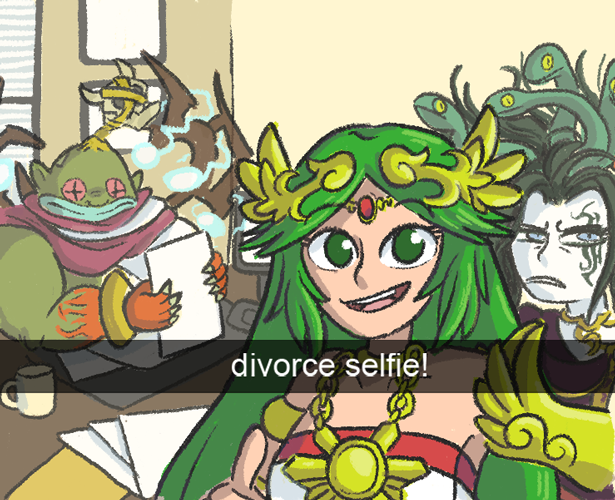 1boy, 2girls, :d, circlet, coffee_mug, cup, divorce_selfie_(meme), english_text