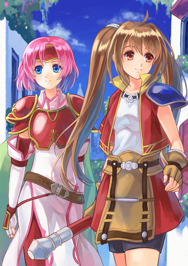 2girls, ahoge, akuru_(akr369akr), apron, armor, black_shorts, blue_eyes, blue_sky, breastplate, brown_apron, brown_gloves, brown_hair, closed_mouth, clouds, collarbone, collared_dress, crossover, day, detached_sleeves, dress, eiyuu_densetsu, elbow_gloves, estelle_bright, fingerless_gloves, fire_emblem, fire_emblem:_path_of_radiance, gloves, holding, holding_staff, jacket, leather_apron, long_hair, marcia_(fire_emblem), medium_hair, multiple_girls, open_clothes, open_jacket, outdoors, pants, pink_hair, red_eyes, red_jacket, red_pants, red_sleeves, shiny, shiny_hair, shirt, short_sleeves, shorts, shoulder_armor, sky, smile, sora_no_kiseki, staff, standing, twintails, very_long_hair, white_dress, white_gloves, white_shirt, wing_collar