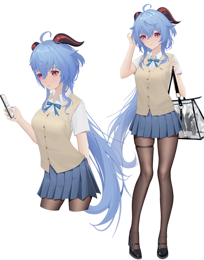 1girl, ahoge, bangs, black_footwear, blue_hair, blue_nails, blue_ribbon, blue_skirt, cellphone, closed_mouth, collared_shirt, cropped_legs, dress_shirt, floating_hair, full_body, ganyu_(genshin_impact), genshin_impact, hair_between_eyes, heart-heavenly5, highres, holding, holding_phone, horns, long_hair, miniskirt, nail_polish, neck_ribbon, pantyhose, phone, pleated_skirt, red_eyes, ribbon, school_uniform, shiny, shiny_hair, shirt, simple_background, skindentation, skirt, smartphone, solo, standing, thigh_strap, very_long_hair, vest, white_background, white_shirt, wing_collar, yellow_vest