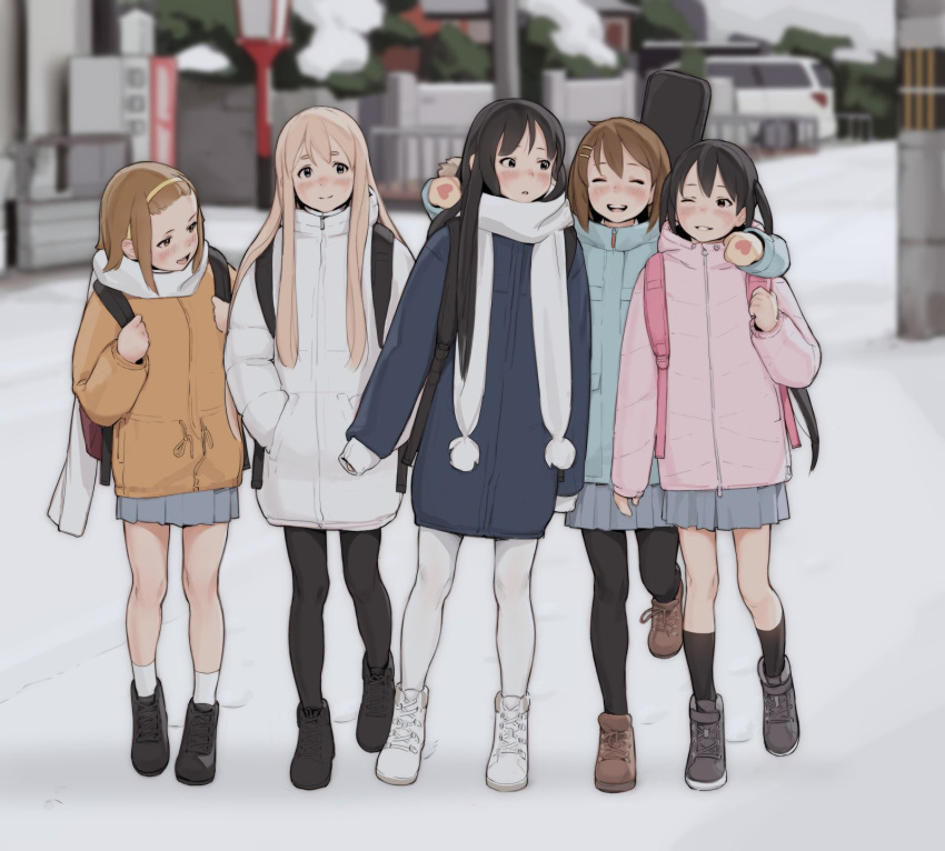 5girls, akiyama_mio, arms_around_neck, backpack, bag, black_bag, black_eyes, black_footwear