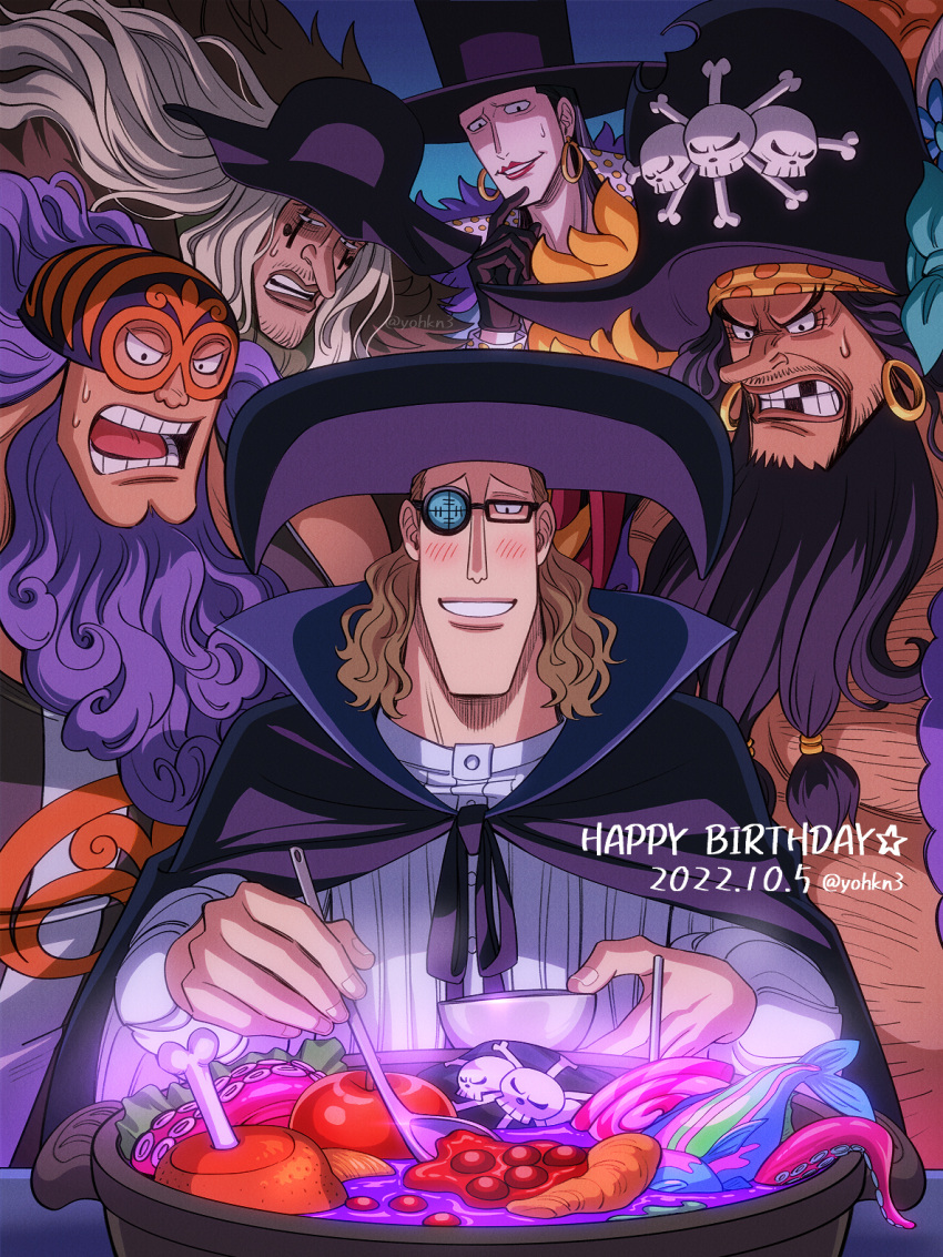 5boys, apple, bad_food, bandana, beard, behind_another, black_hair, blush