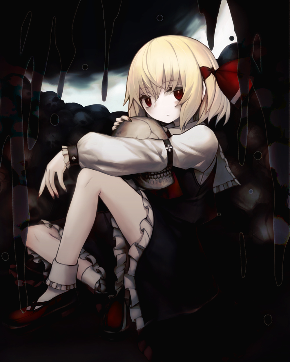 1girl, arm_on_knee, arm_strap, bangs, black_skirt, blonde_hair, bobby_socks, closed_mouth