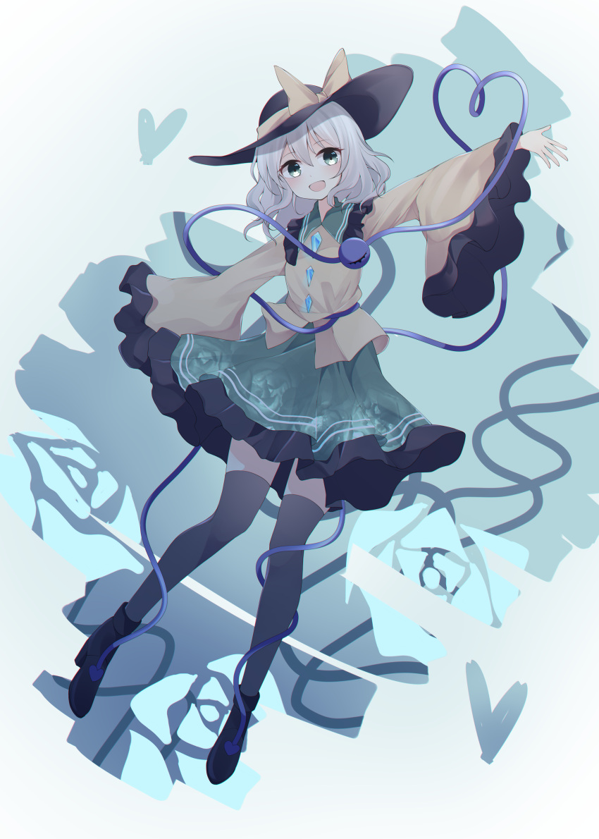 1girl, absurdres, ankle_boots, arm_up, bangs, black_footwear, black_headwear, black_thighhighs