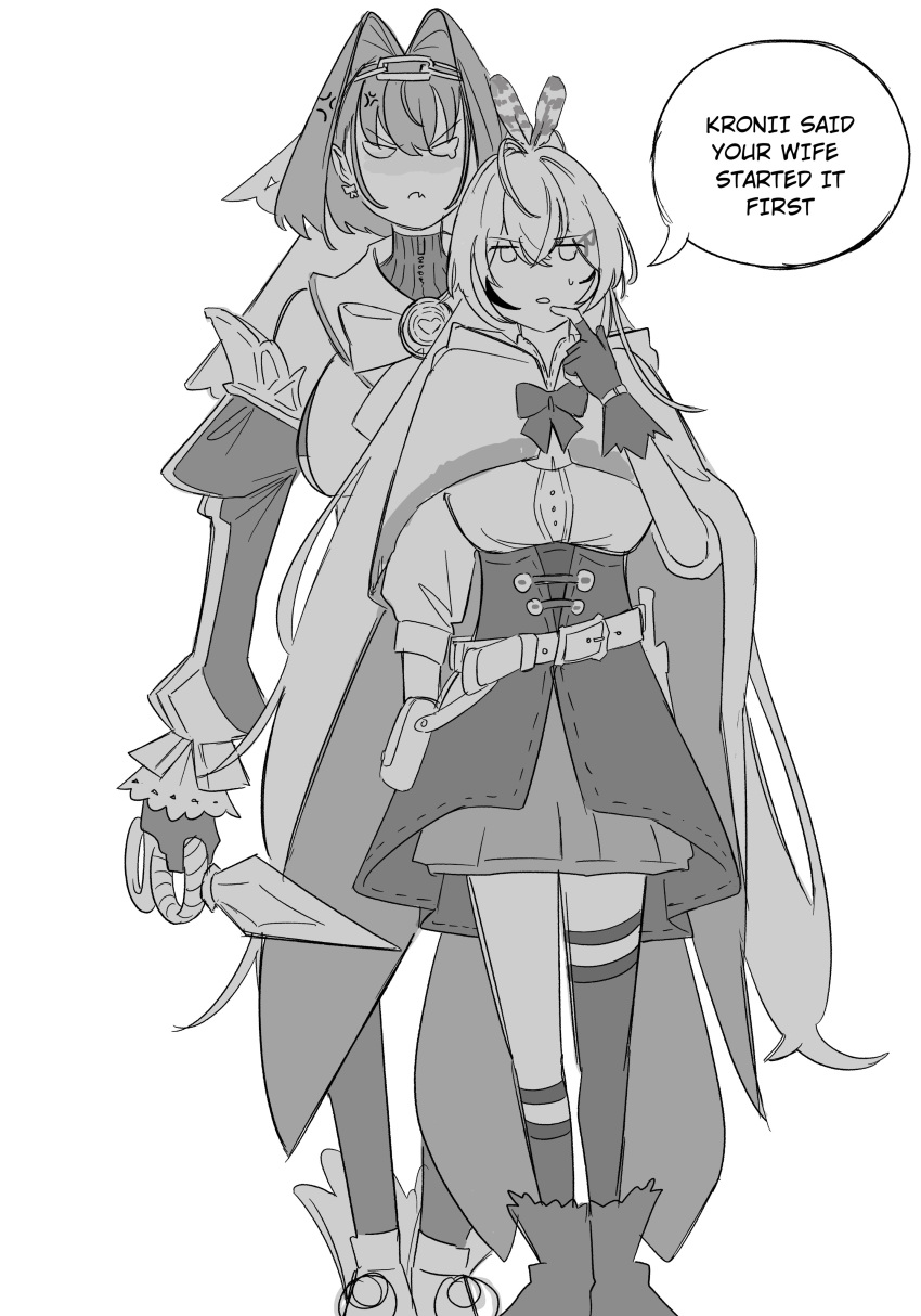 absurdres, ahoge, anger_vein, bangs, chain, elisbian, english_text, feather_hair_ornament