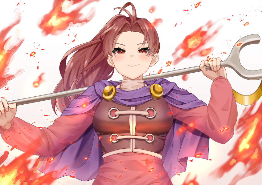 1girl, absurdres, bad_source, commission, commissioner_upload, fire, golden_sun, highres, holding, holding_staff, hotobashiri, jenna_(golden_sun), long_hair, looking_at_viewer, nintendo, ponytail, red_eyes, redhead, skeb_commission, smile, solo, staff
