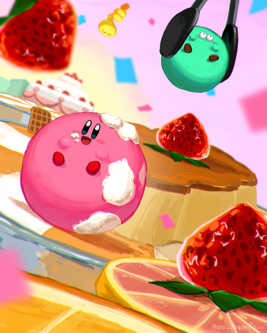 alien, confetti, cream, food, fruit, highres, jumping, kirby