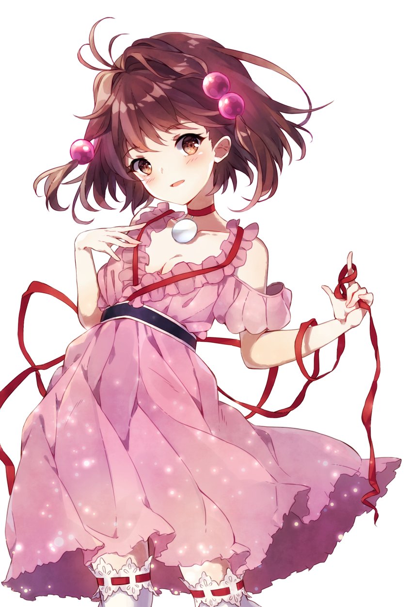 1girl, breasts, brown_eyes, brown_hair, choker, dress, hair_bobbles, hair_ornament