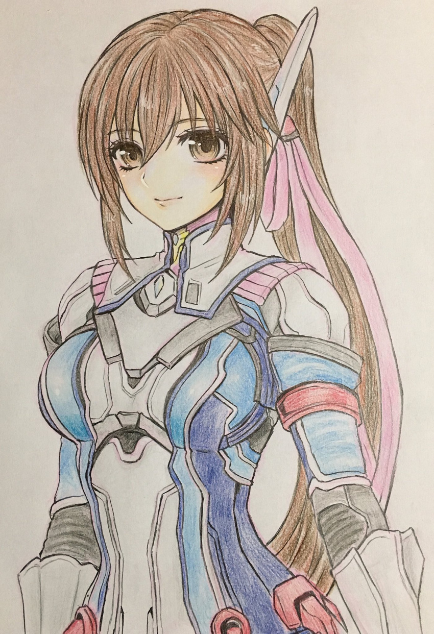 1girl, breasts, brown_eyes, brown_hair, closed_mouth, gloves, hair_ribbon, higemaccho