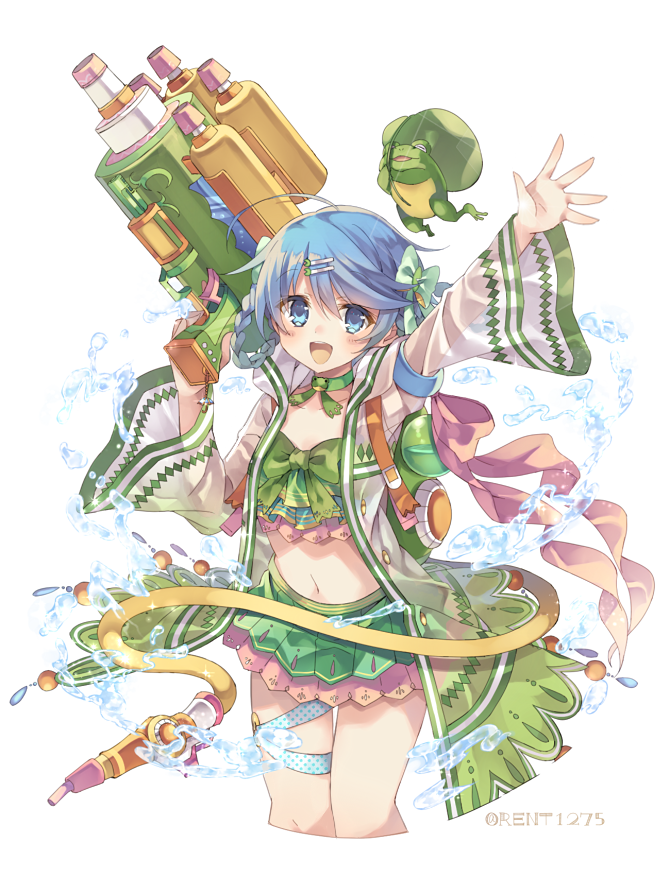 1girl, :d, ahoge, blue_eyes, blue_hair, blush, bow, braid, choker, collarbone, frog, green_bow, green_choker, hair_bow, holding, holding_water_gun, miniskirt, navel, rento_(rukeai), shironeko_project, simple_background, skirt, smile, solo, swimsuit, thigh_strap, tsuyuha_(shironeko_project), twitter_username, water, water_gun, white_background