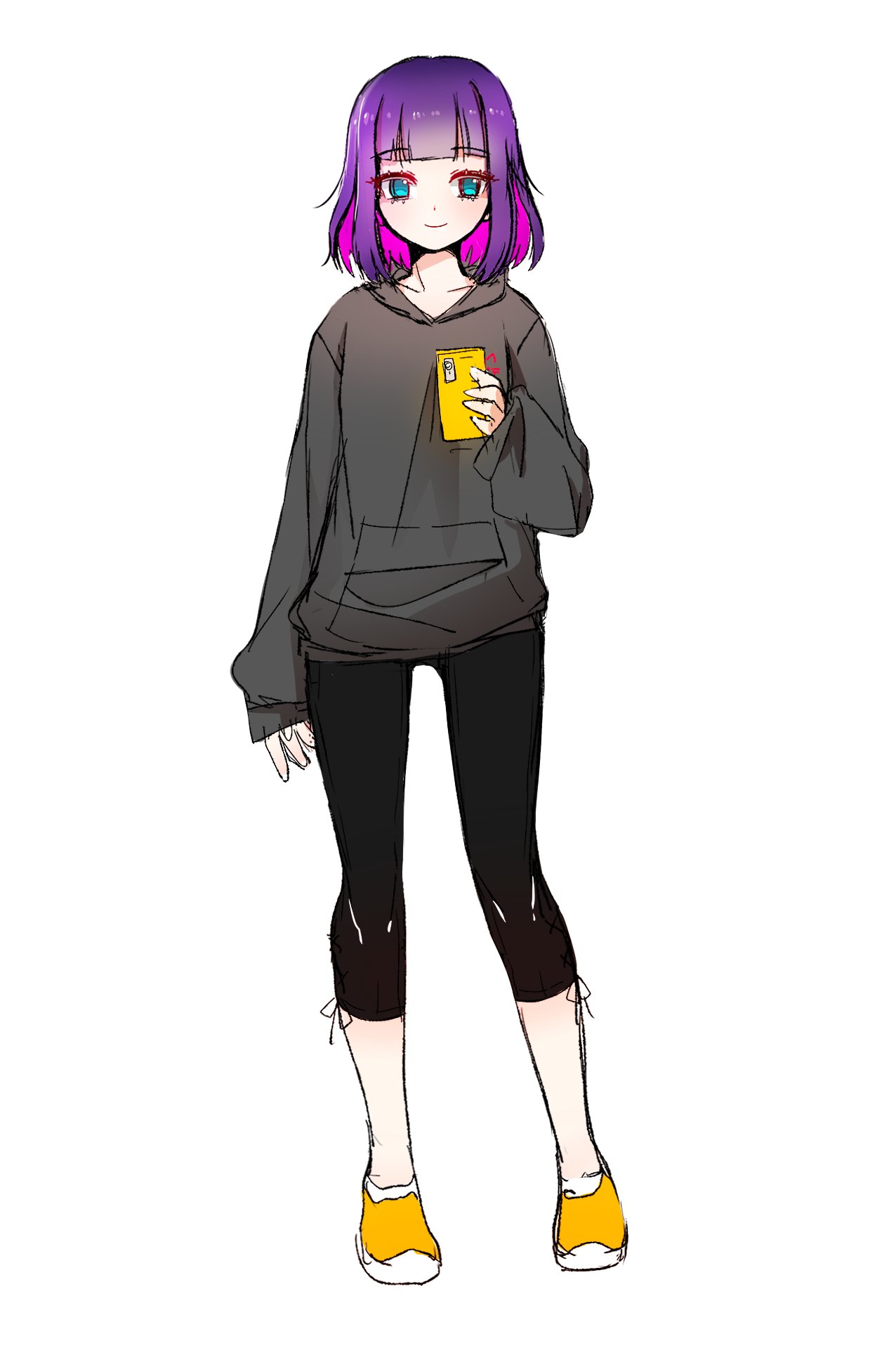 1girl, black_leggings, cellphone, colored_inner_hair, grey_hoodie, heo_yeoeun, highres, holding, holding_phone, hood, hoodie, korean_commentary, leggings, looking_at_viewer, love_delivery, multicolored_hair, open_hand, phone, pink_hair, purple_hair, shin_seung-ah, shoes, short_hair, sketch, sleeves_past_wrists, smartphone, smile, solo, straight-on, white_background, yellow_footwear