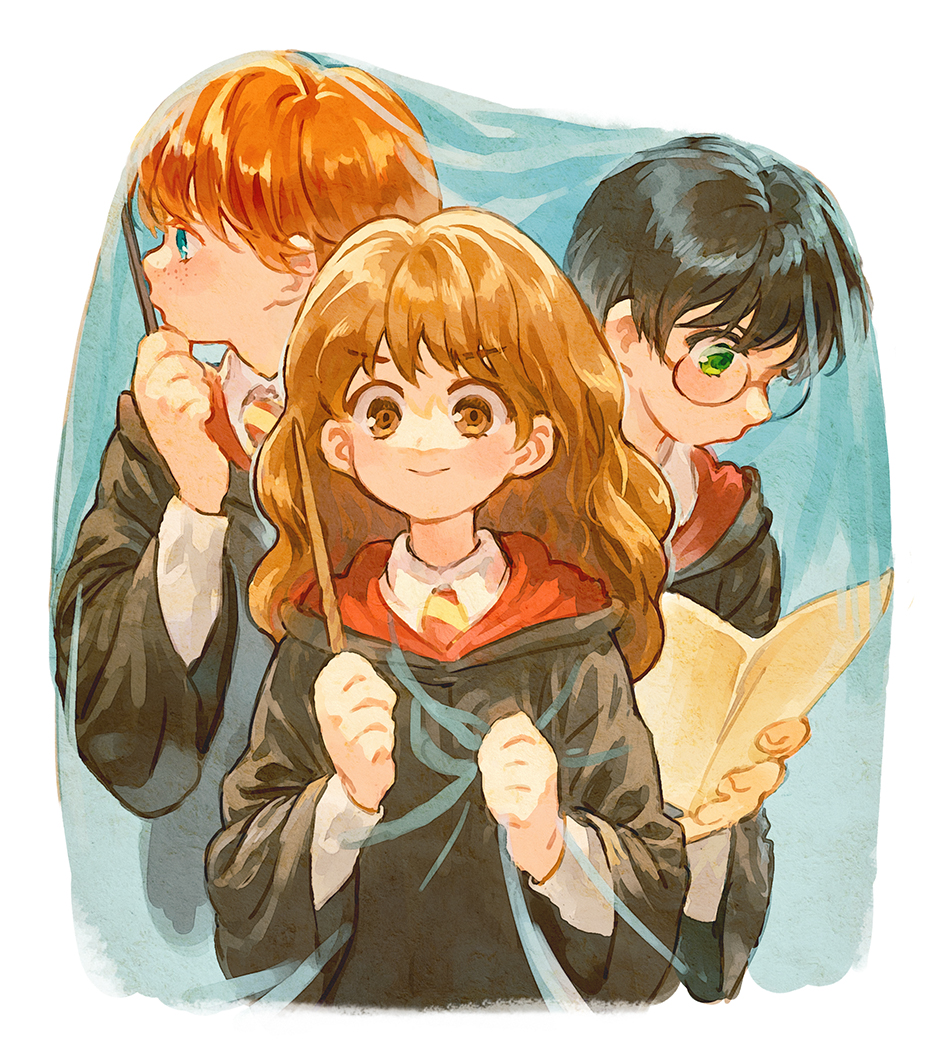 1girl, 2boys, black_hair, black_robe, blue_eyes, brown_eyes, brown_hair, clenched_hand