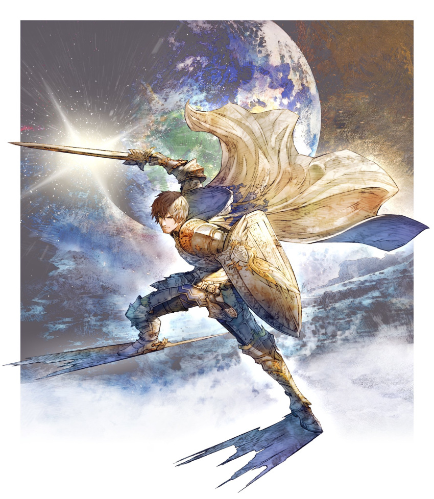 1boy, adventurer_(ff14), armor, bangs, belt, border, breastplate, brown_hair