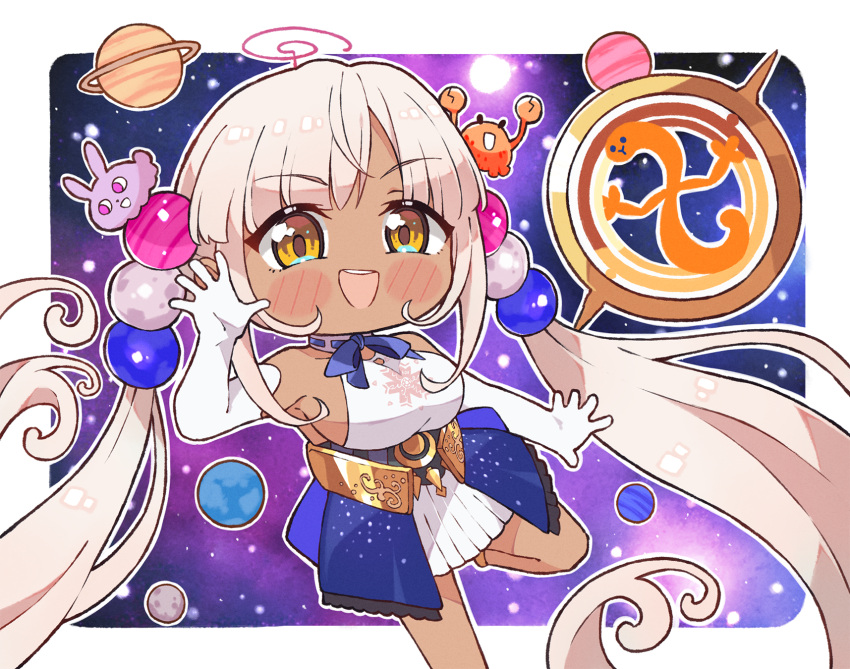1girl, blush_stickers, breasts, chibi, commentary, dark-skinned_female, dark_skin, elbow_gloves
