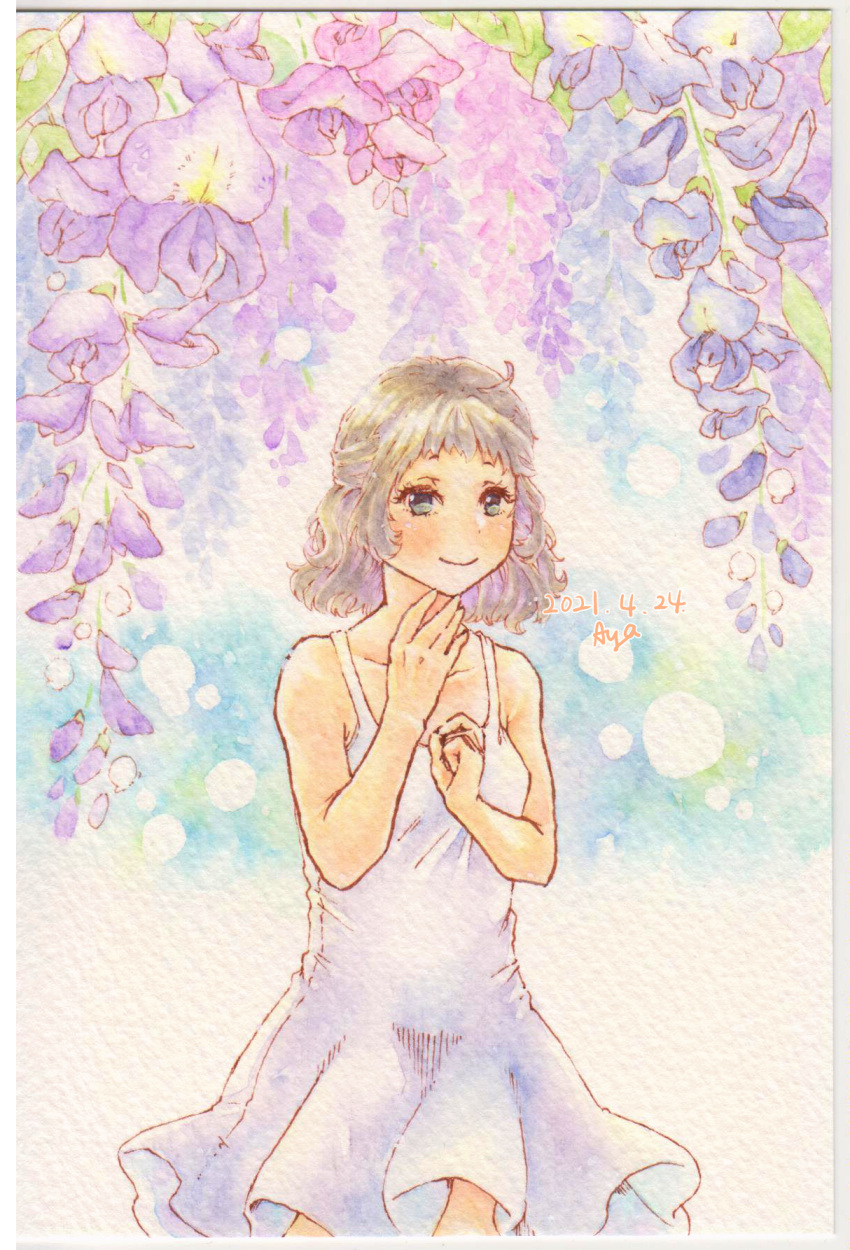 1girl, bare_shoulders, brown_eyes, brown_hair, closed_mouth, collarbone, cowboy_shot, dated, dress, floral_background, flower, highres, medium_hair, original, purple_flower, shin1ar24, smile, solo, sundress, traditional_media, watercolor_pencil_(medium), white_dress