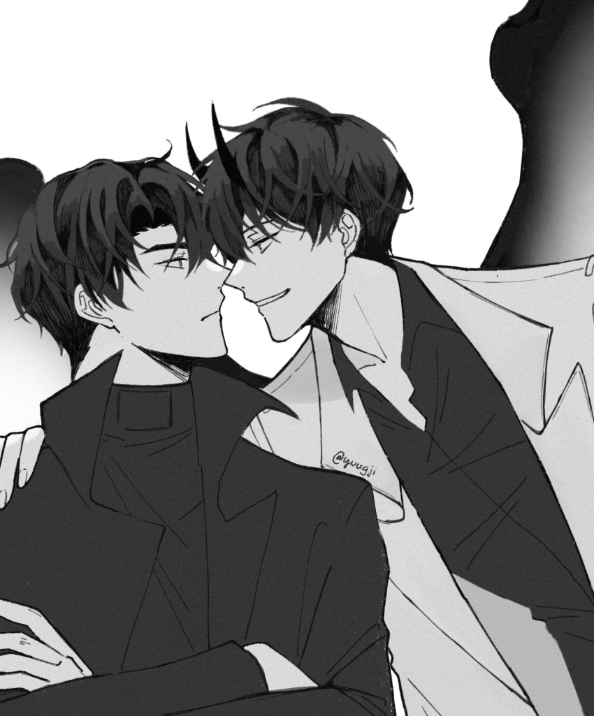 2boys, closed_mouth, collared_shirt, crossed_arms, dok-ja_kim, face-to-face, frown, greyscale