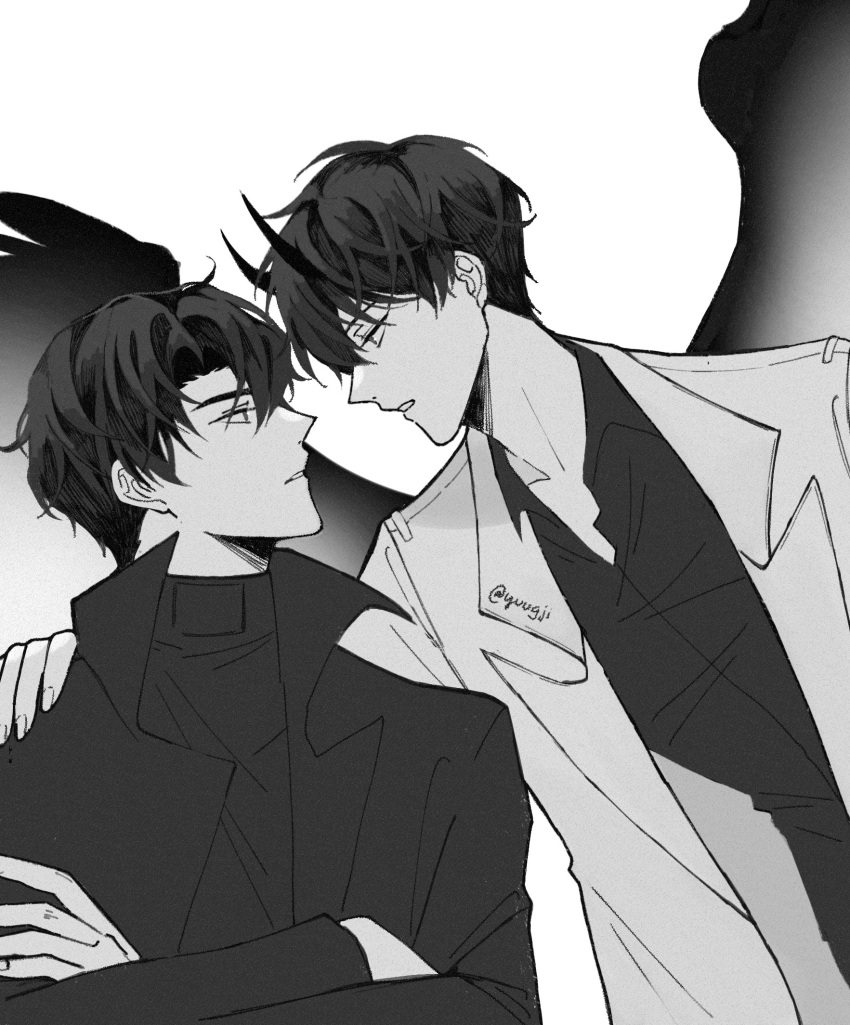 2boys, collared_shirt, crossed_arms, dok-ja_kim, face-to-face, greyscale, hand_on_another's_shoulder, highres