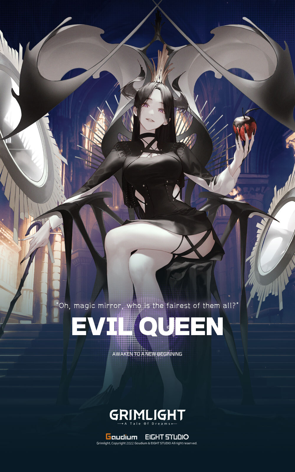 1girl, apple, black_dress, black_hair, black_horns, crossed_legs, crown, dress