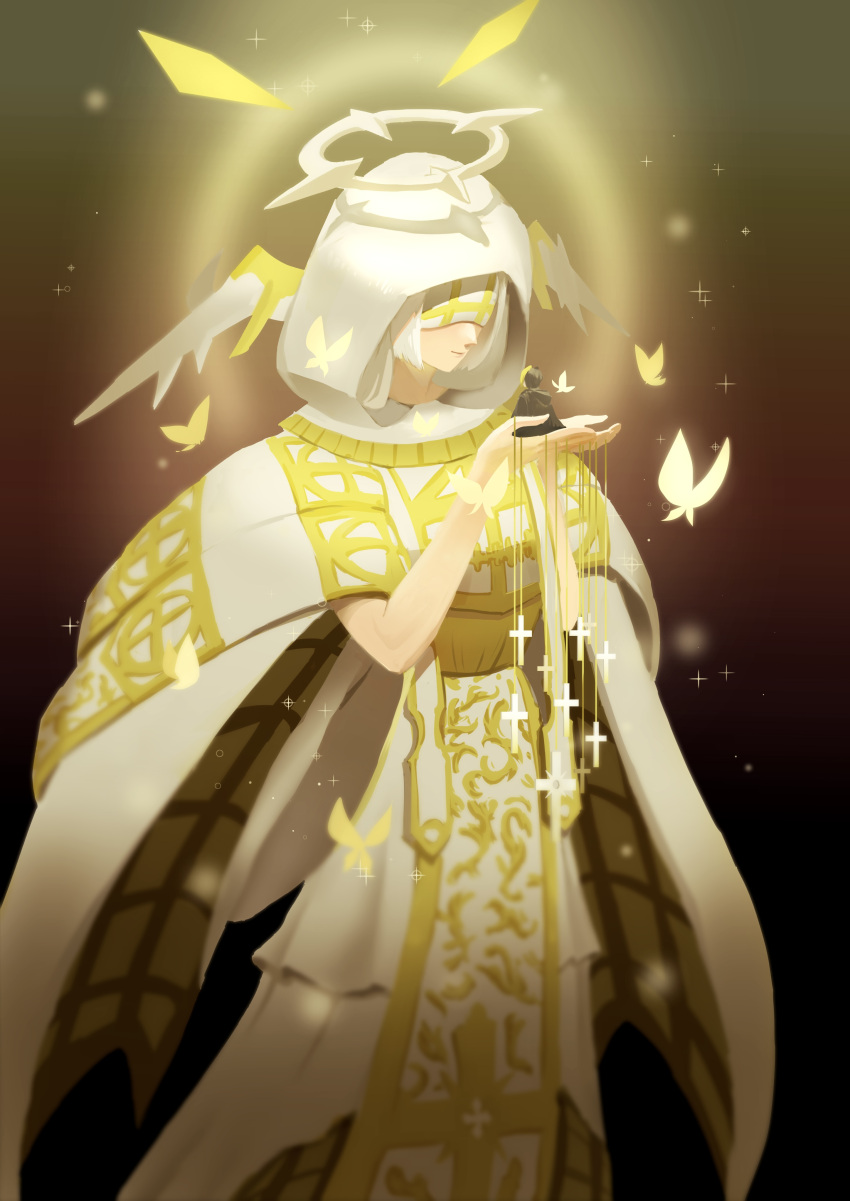 1boy, 1other, absurdres, black_hair, black_robe, blindfold, blonde_hair, bug, butterfly, butterfly_sanitatem, cross, english_commentary, finn_ames, halo, highres, holding, hood, lalamelonflora, mashle, multicolored_hair, robe, short_hair, standing, two-tone_hair, white_hair, white_robe