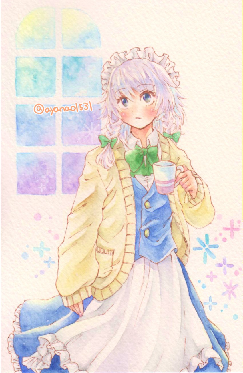 1girl, apron, blue_eyes, blue_skirt, blue_vest, blush, bow, bowtie, braid, collared_shirt, cowboy_shot, cup, frilled_apron, frilled_skirt, frills, green_bow, green_bowtie, highres, holding, holding_cup, izayoi_sakuya, long_sleeves, maid_headdress, medium_hair, open_mouth, painting_(medium), purple_hair, shin1ar24, shirt, skirt, solo, touhou, traditional_media, twin_braids, vest, waist_apron, watercolor_(medium), watercolor_pencil_(medium), white_apron, white_shirt