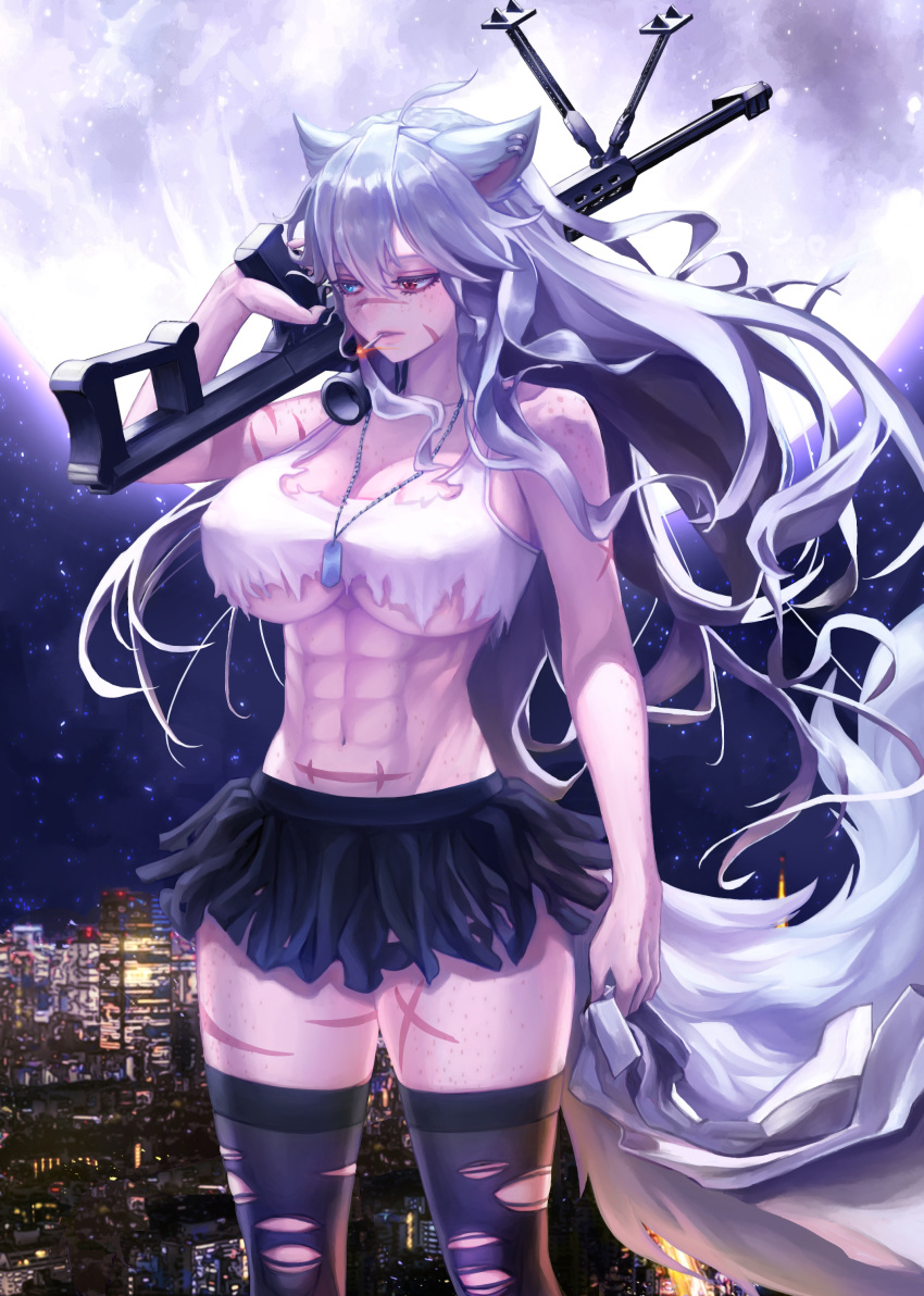 abs, absurdres, anti-materiel_rifle, artofawang, barrett_m82, cigarette, cityscape, freckles