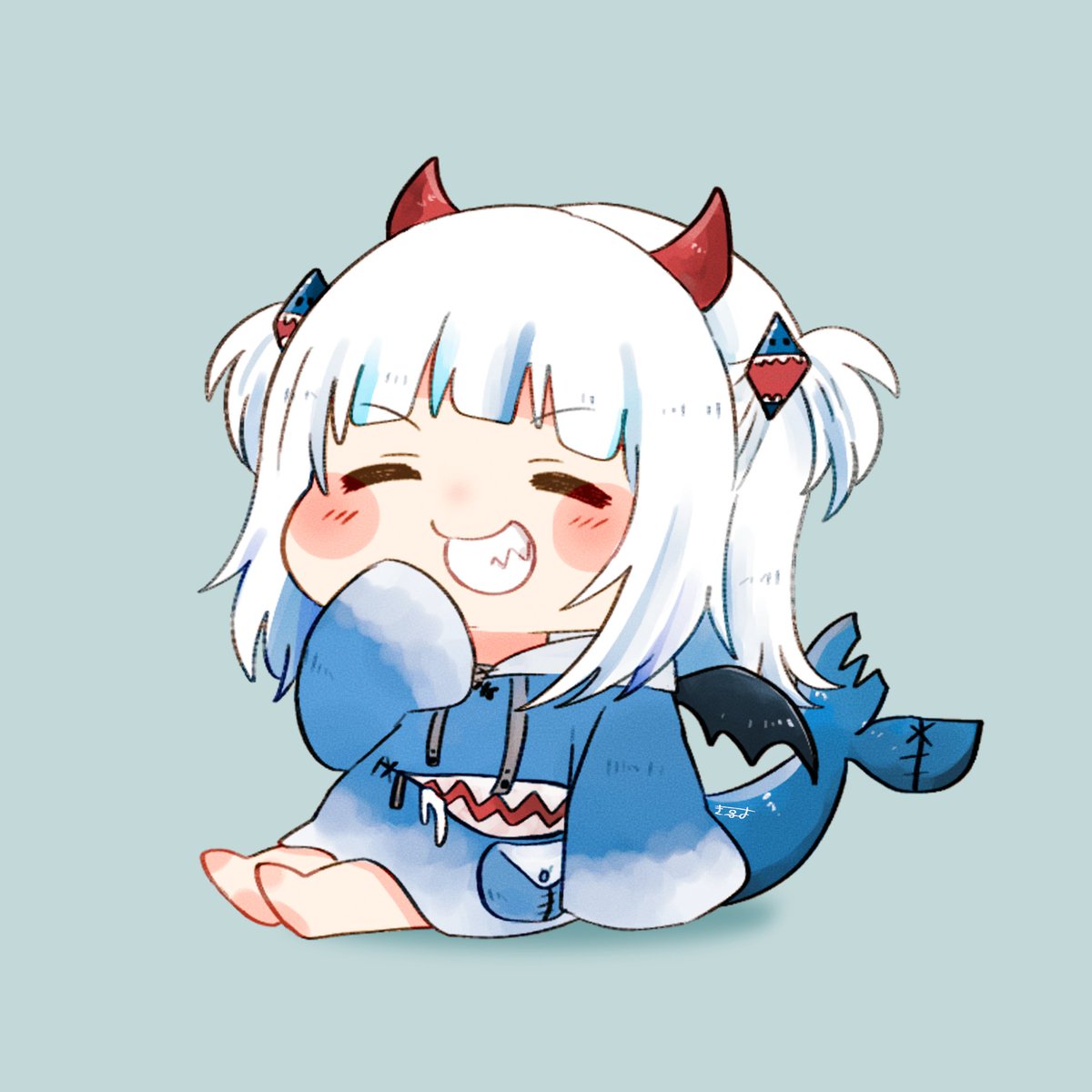 1girl, blush, chibi, clenched_teeth, closed_eyes, demon_girl, demon_horns, demon_wings