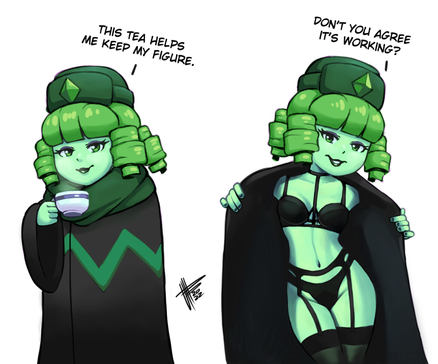 coat, colored_skin, flashing, garter_belt, green_hair, green_skin, hat, mateus_upd