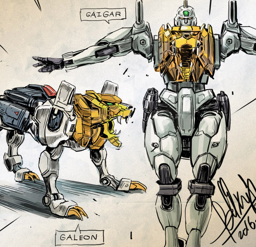 2016, character_name, felix_ip, frown, gaigar, galeon, green_eyes, highres, looking_at_viewer, mecha, multiple_views, no_humans, non-humanoid_robot, open_hand, orange_eyes, robot, robot_animal, science_fiction, signature, white_background, yuusha_ou_gaogaigar, yuusha_series