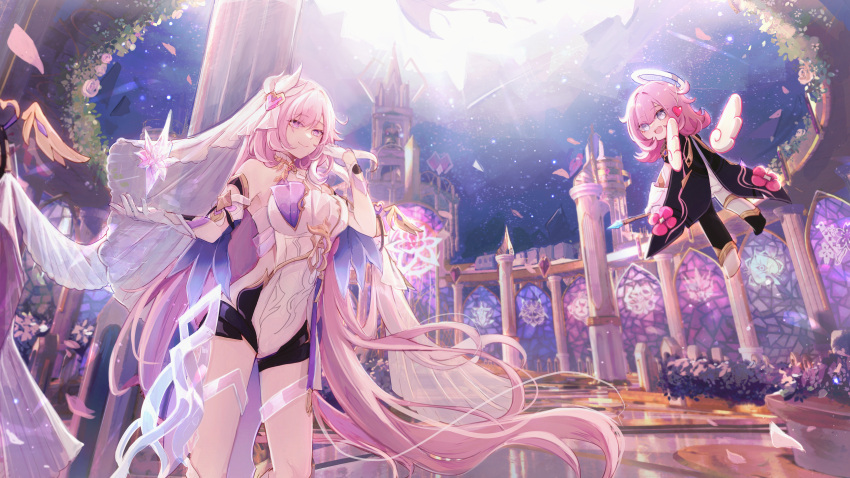 2girls, :d, absurdres, bangs, bare_shoulders, black_shorts, closed_mouth, dress, elf_elysia, elysia_(herrscher_of_human:ego), elysia_(honkai_impact), floating, full_body, gloves, hair_ornament, halo, highres, honkai_(series), honkai_impact_3rd, long_hair, looking_at_viewer, multiple_girls, open_mouth, outdoors, petals, pink_eyes, pink_hair, senin_liku, shorts, smile, standing, temple, white_dress, white_gloves, white_wings, wings