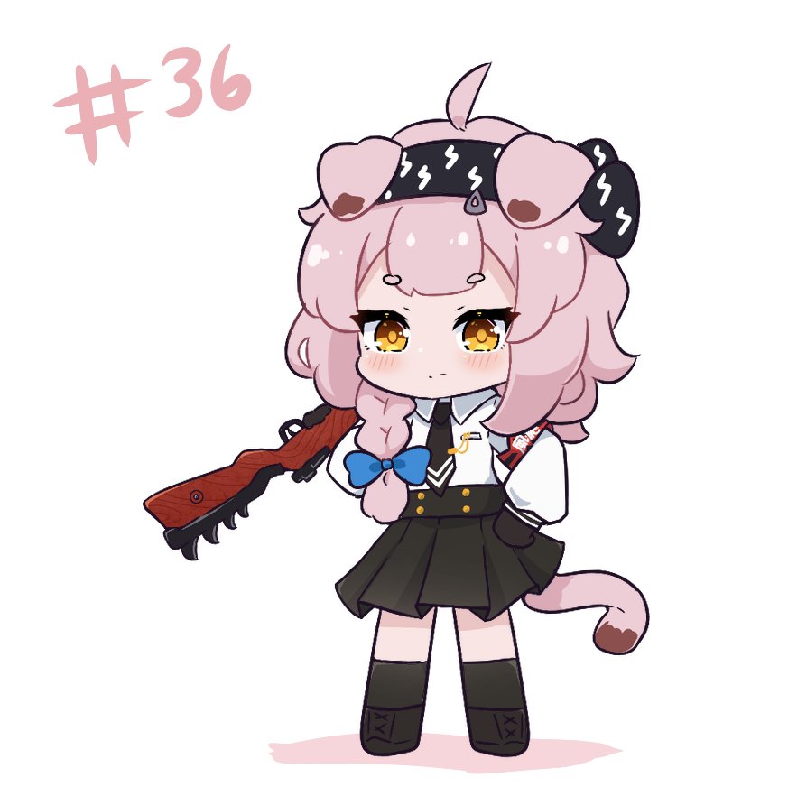 1girl, ahoge, animal_ears, arknights, armband, black_gloves, black_hairband, black_necktie, black_skirt, blue_archive, blue_bow, blush, bolt_action, bow, braid, cat_ears, cat_girl, cat_tail, closed_mouth, collared_shirt, colored_shadow, commentary, cosplay, english_commentary, gloves, goldenglow_(arknights), gun, hair_bow, hair_over_shoulder, hairband, holding, holding_gun, holding_weapon, iori_(blue_archive), iori_(blue_archive)_(cosplay), kurotofu, lightning_bolt_print, long_hair, long_sleeves, mauser_98, necktie, pink_hair, pleated_skirt, print_hairband, puffy_long_sleeves, puffy_sleeves, rifle, sakura_ayane, shadow, shirt, short_eyebrows, simple_background, single_braid, skirt, solo, tail, thick_eyebrows, voice_actor_connection, weapon, white_background, white_shirt