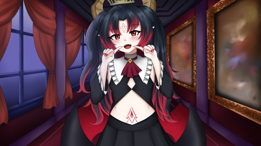 bangs, black_dress, black_hair, clothing_cutout, detached_sleeves, dress, flat_chest, gradient_hair