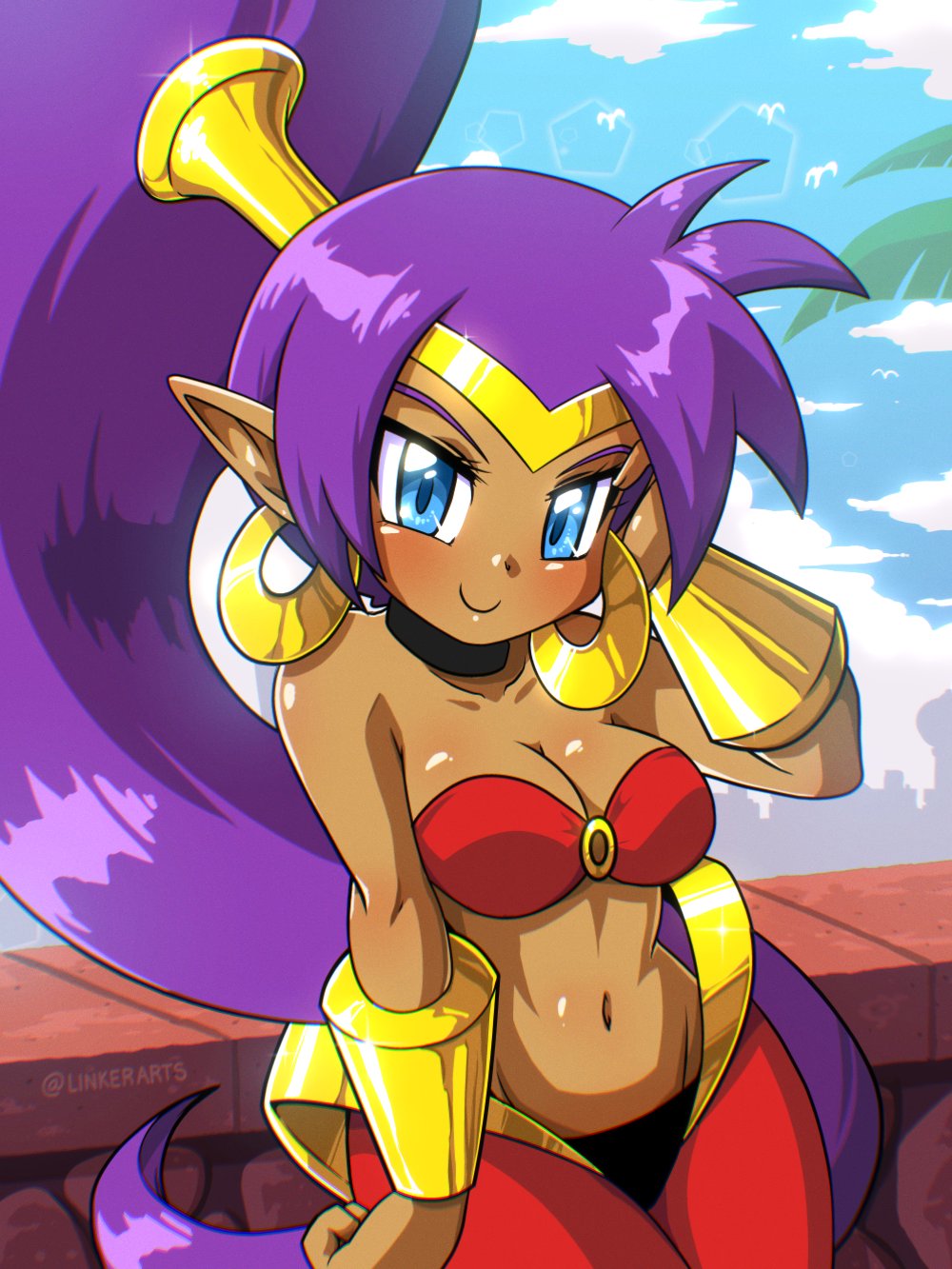 blue_eyes, bracelet, collar, highres, jewelry, luis_parada, pointy_ears, ponytail