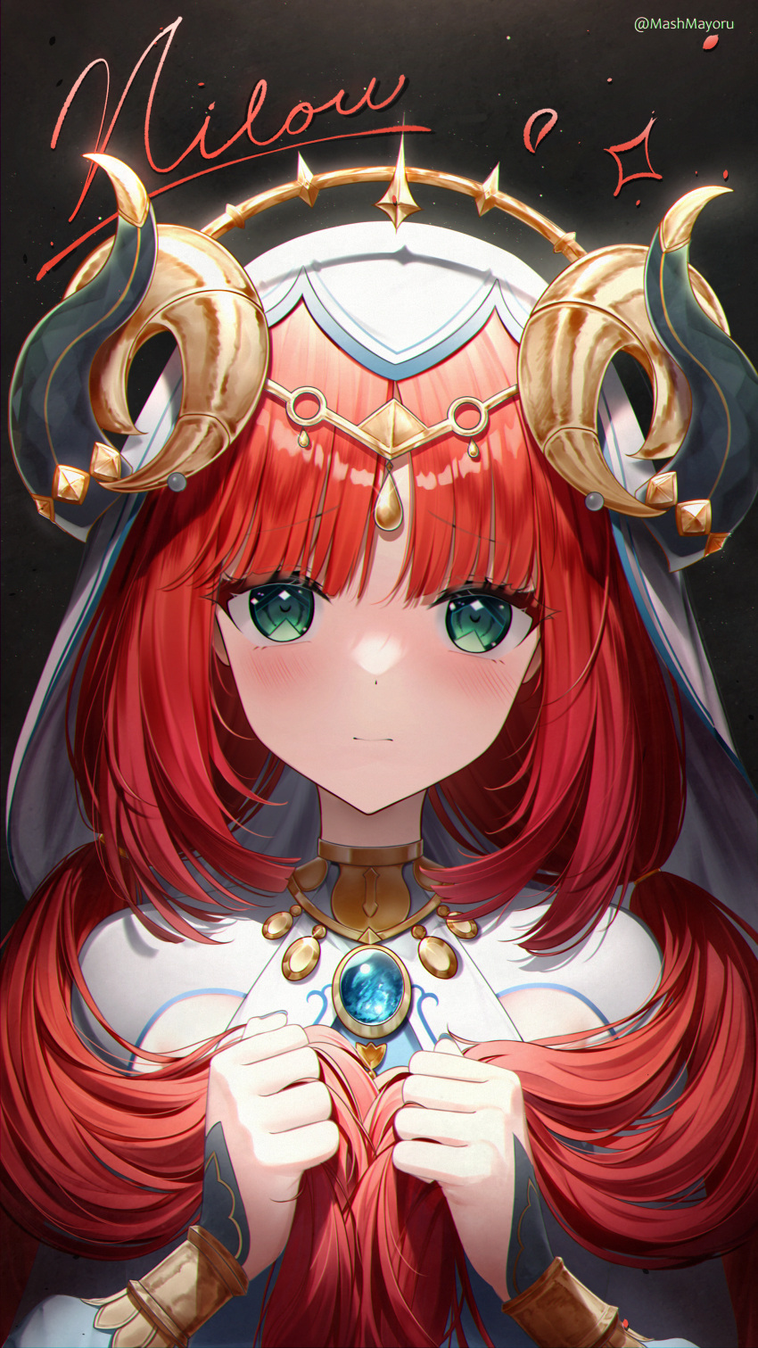 1girl, absurdres, black_background, blush, brooch, character_name, circlet, closed_mouth, genshin_impact, green_eyes, hair_over_shoulder, highres, holding, holding_hair, horns, jewelry, long_hair, long_sleeves, mash_mayoru, neck_ring, nilou_(genshin_impact), puffy_long_sleeves, puffy_sleeves, raised_eyebrows, redhead, shrug_(clothing), solo, twintails, twitter_username, upper_body, vambraces, veil