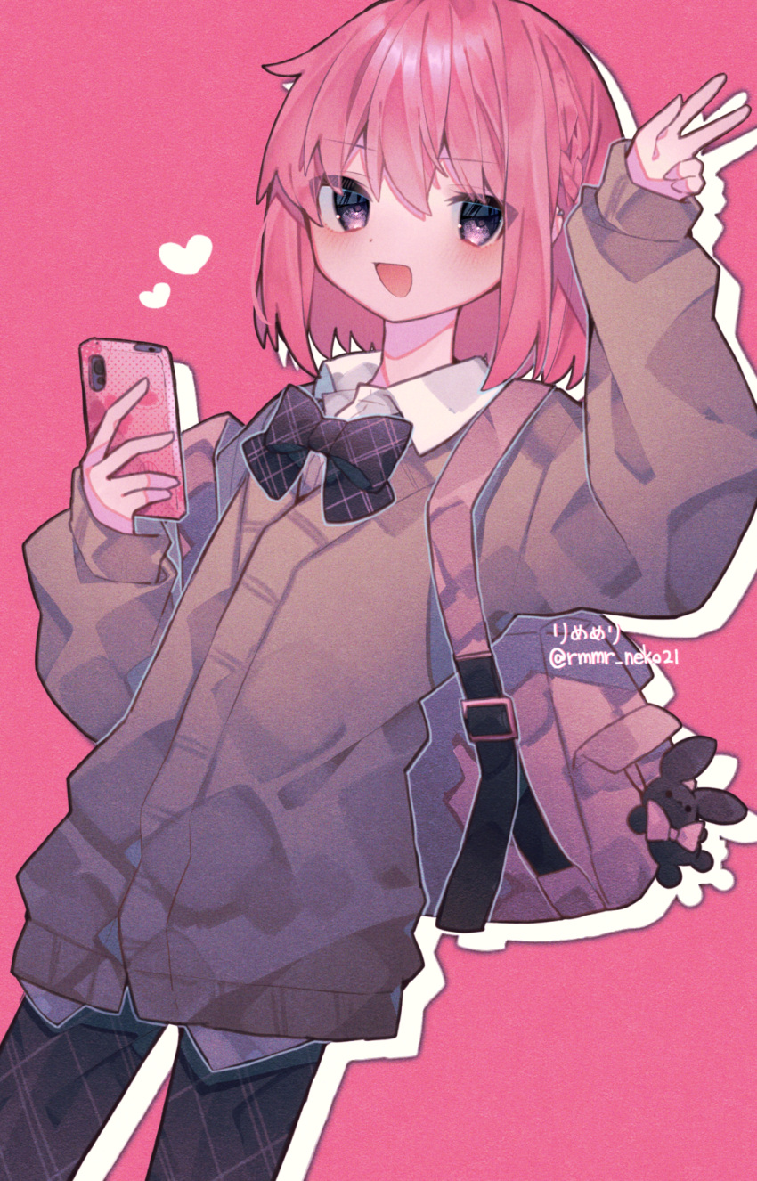 1boy, :d, backpack, bag, bag_charm, bangs, blush, bow