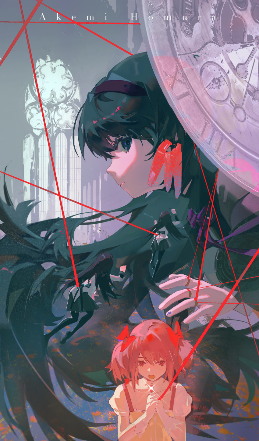 4girls, absurdres, ainimo5, akemi_homura, bangs, black_hair, black_hairband, black_skirt