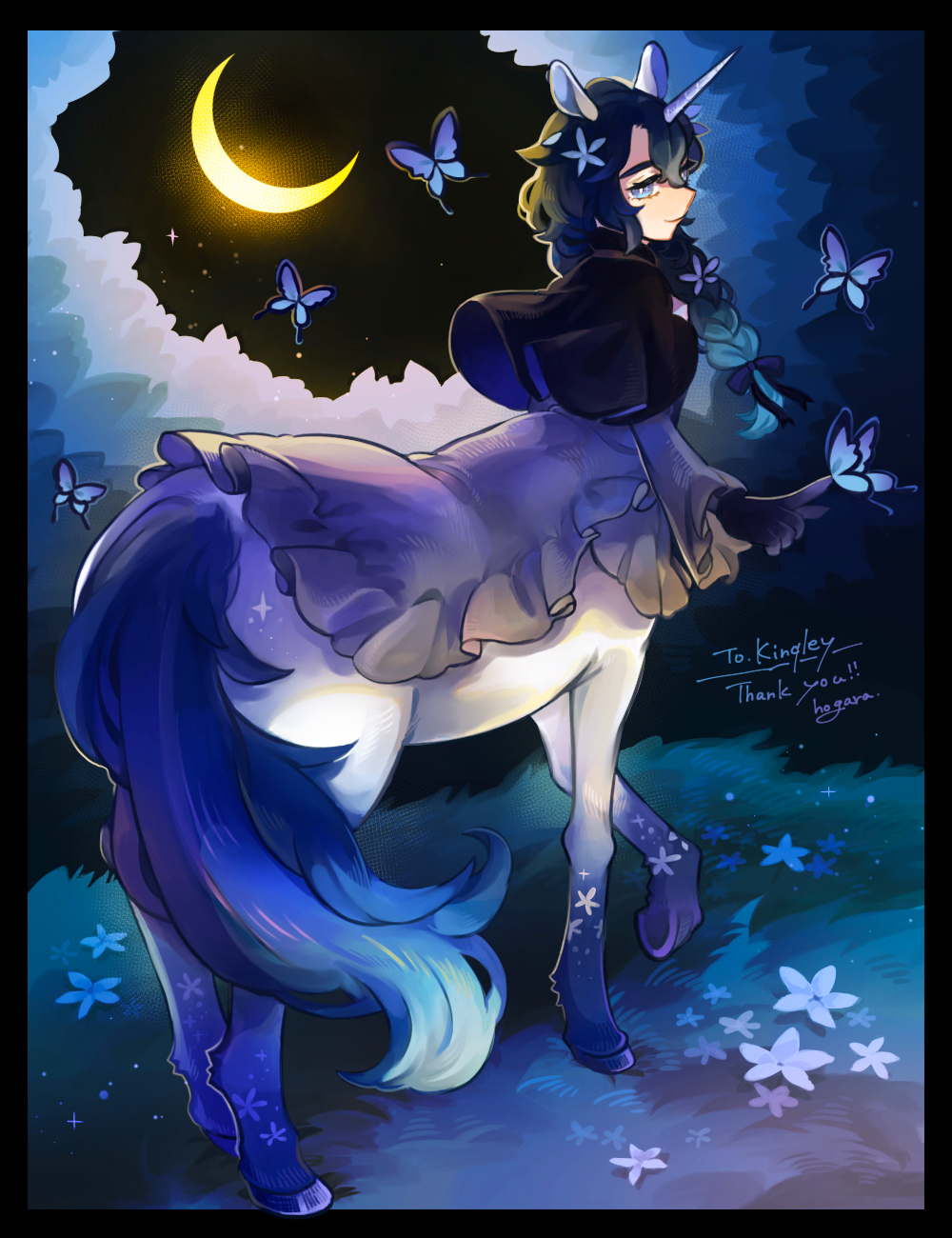 1girl, animal_ears, artist_name, black_capelet, blue_background, blue_bow, blue_eyes, blue_flower