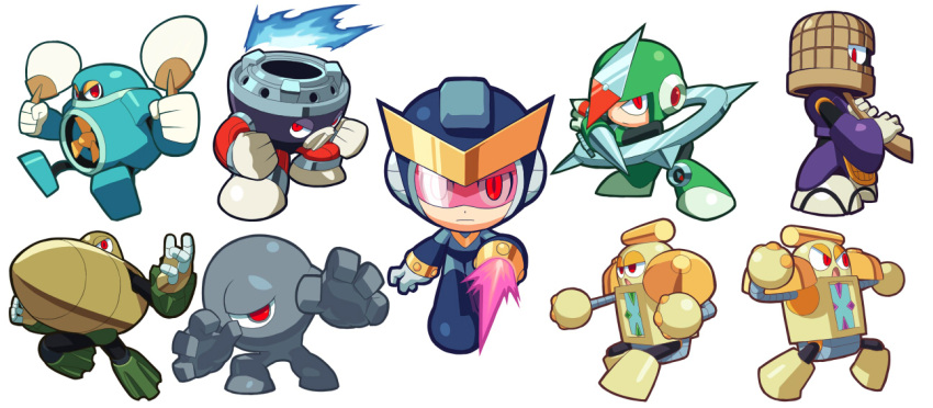 6+boys, aircon_man, alternate_color, android, chibi, clock_men, compass_man, dangan_man, energy_sword, everyone, fire, grey_devil, hand_fan, helmet, holding, holding_fan, holding_instrument, instrument, kin_niku, komuso_man, konro_man, looking_at_viewer, male_focus, mega_man:_powered_up, mega_man_(classic), mega_man_(series), multiple_boys, one-eyed, parody, red_eyes, rockman_&amp;_forte:_mirai_kara_no_chousensha, rockman_shadow, shakuhachi, simple_background, style_parody, sword, weapon, white_background
