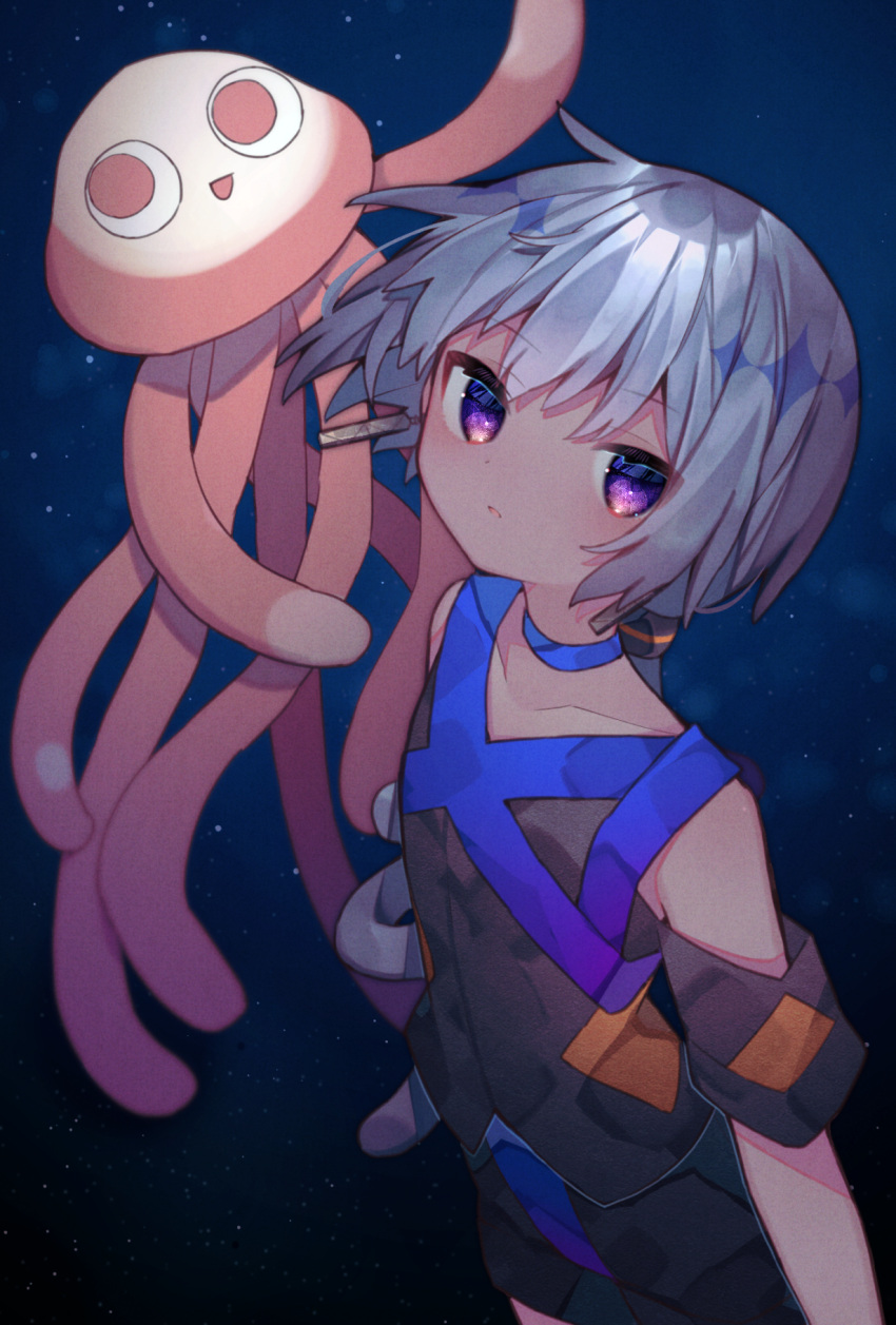 1girl, animal, bangs, choker, dark-skinned_female, dark_skin, detached_sleeves, earrings, ebosi_(vtuber), eringikinono, expressionless, grey_hair, highres, indie_virtual_youtuber, jellyfish, jewelry, long_hair, low_ponytail, shorts, solo, tank_top, violet_eyes, virtual_youtuber