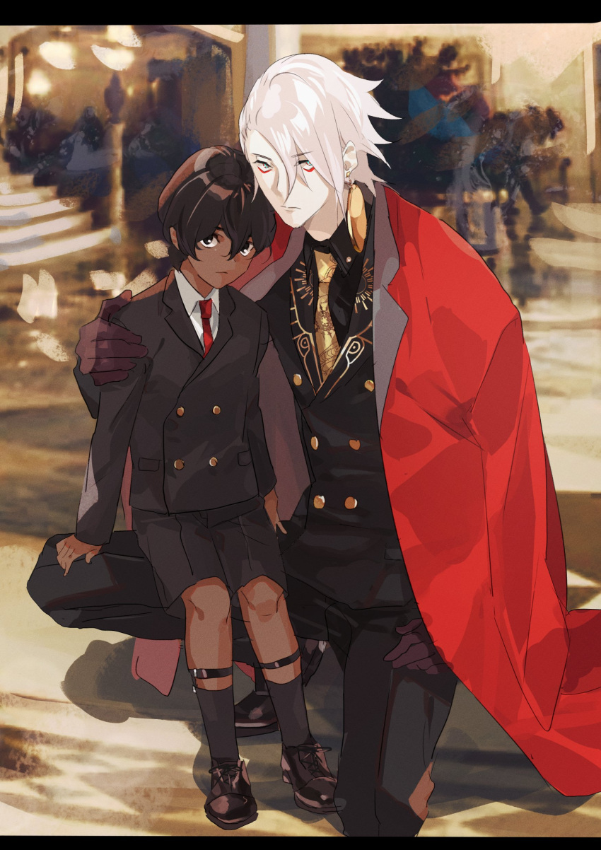 2boys, absurdres, aged_down, arjuna_(fate), bangs, black_eyes, black_footwear, black_jacket