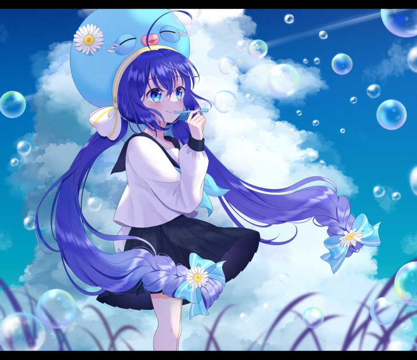 1girl, ahoge, bangs, blue_eyes, blue_hair, blush, bow, bubble