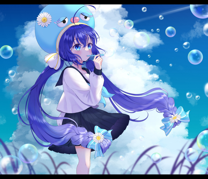 1girl, ahoge, bangs, blue_eyes, blue_hair, blush, bow, bubble