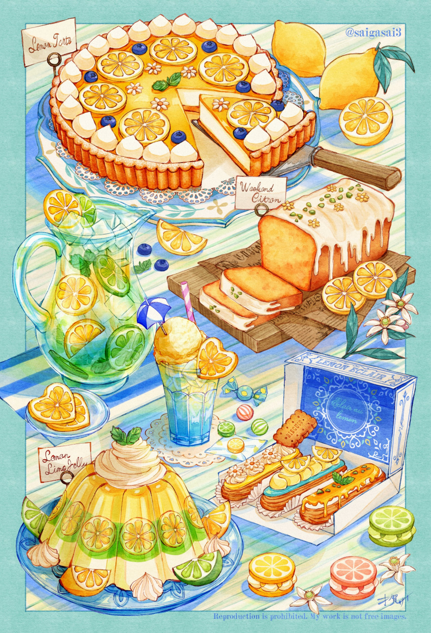 absurdres, aqua_border, blueberry, box, cake, cake_slicer, candy, coaster