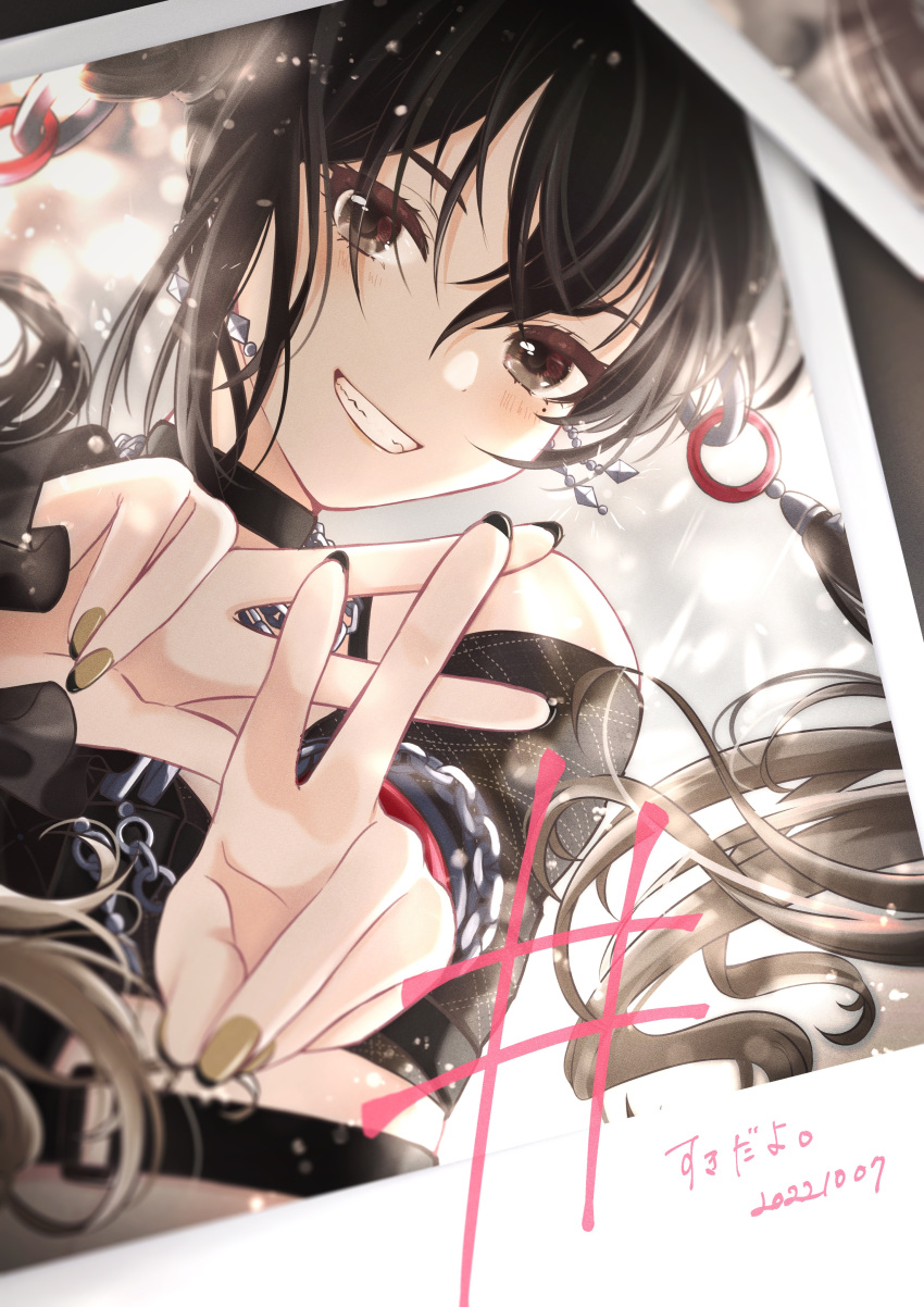 1girl, absurdres, animal_ears, black_choker, black_hair, black_shirt, blush, chain_necklace