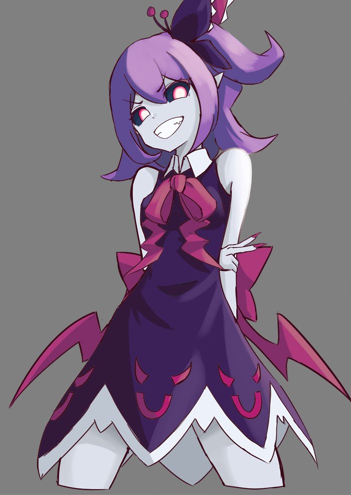 1boy, 1girl, black_dress, black_sclera, colored_sclera, colored_skin, demon_girl, dress, hitsune, long_hair, looking_at_viewer, musume_(yuunama), pointy_ears, purple_hair, purple_skin, side_ponytail, simple_background, sleeveless, sleeveless_dress, smile, solo, v, v_yuusha_no_kuse_ni_namaiki_da_r, yuusha_no_kuse_ni_namaiki_da