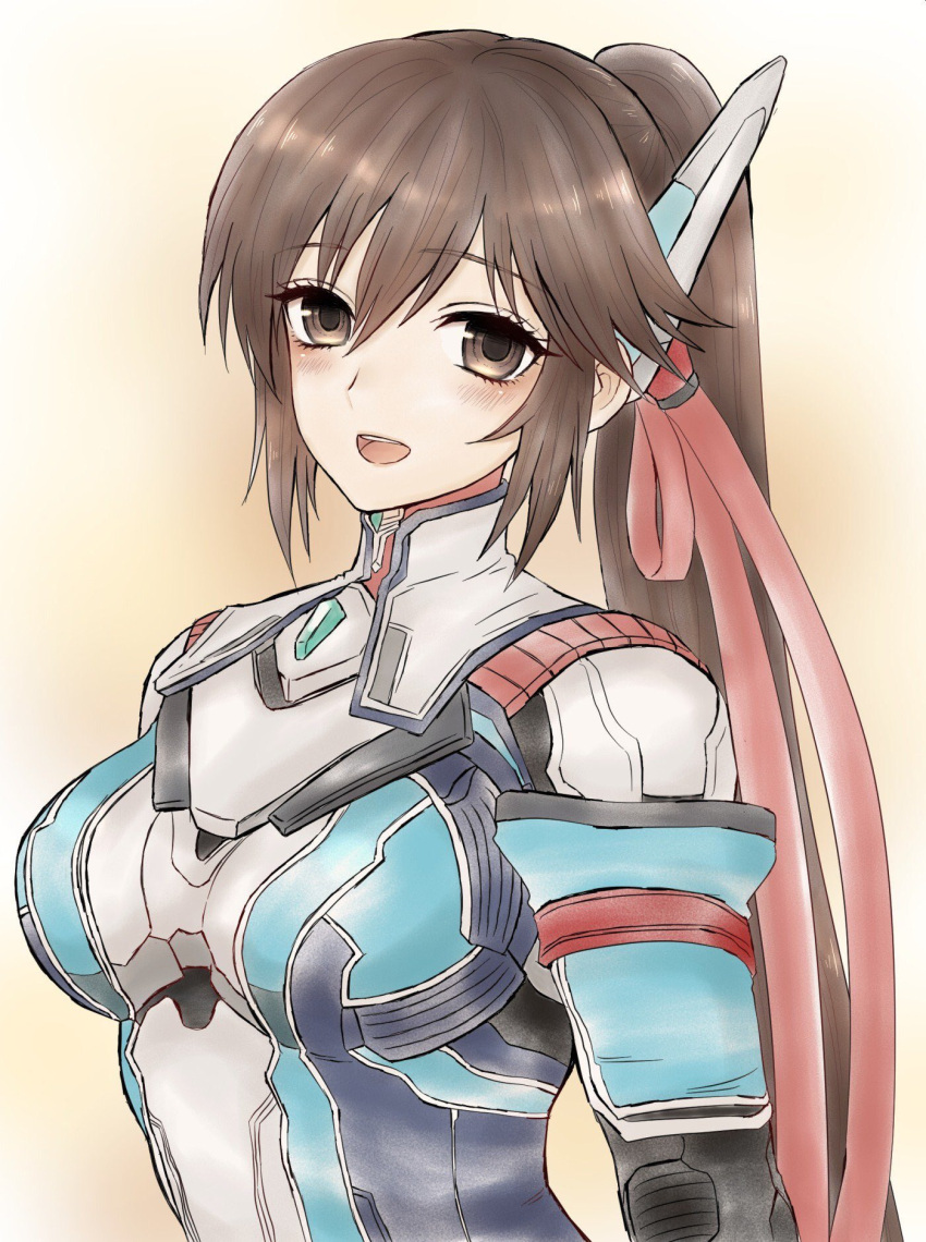 1girl, blush, bodysuit, breasts, brown_eyes, brown_hair, hair_ribbon, higemaccho