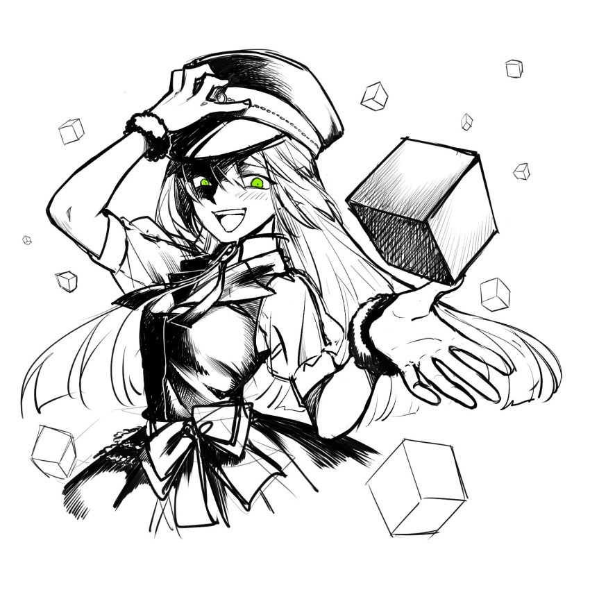 alina_gray, black_bow, black_headwear, black_necktie, black_vest, blunt_ends, bow, breasts